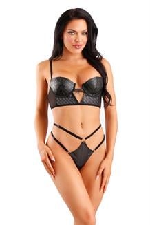 Wetlook Longline Underwire Bra & G-String Panty Black
