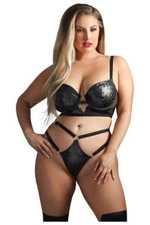 Wetlook Longline Underwire Bra & G-String Panty Black