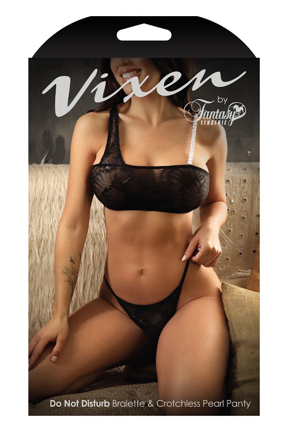 DO NOT DISTURB PEARL STRAP BRALETTE & CROTCHLESS PANTY BLACK